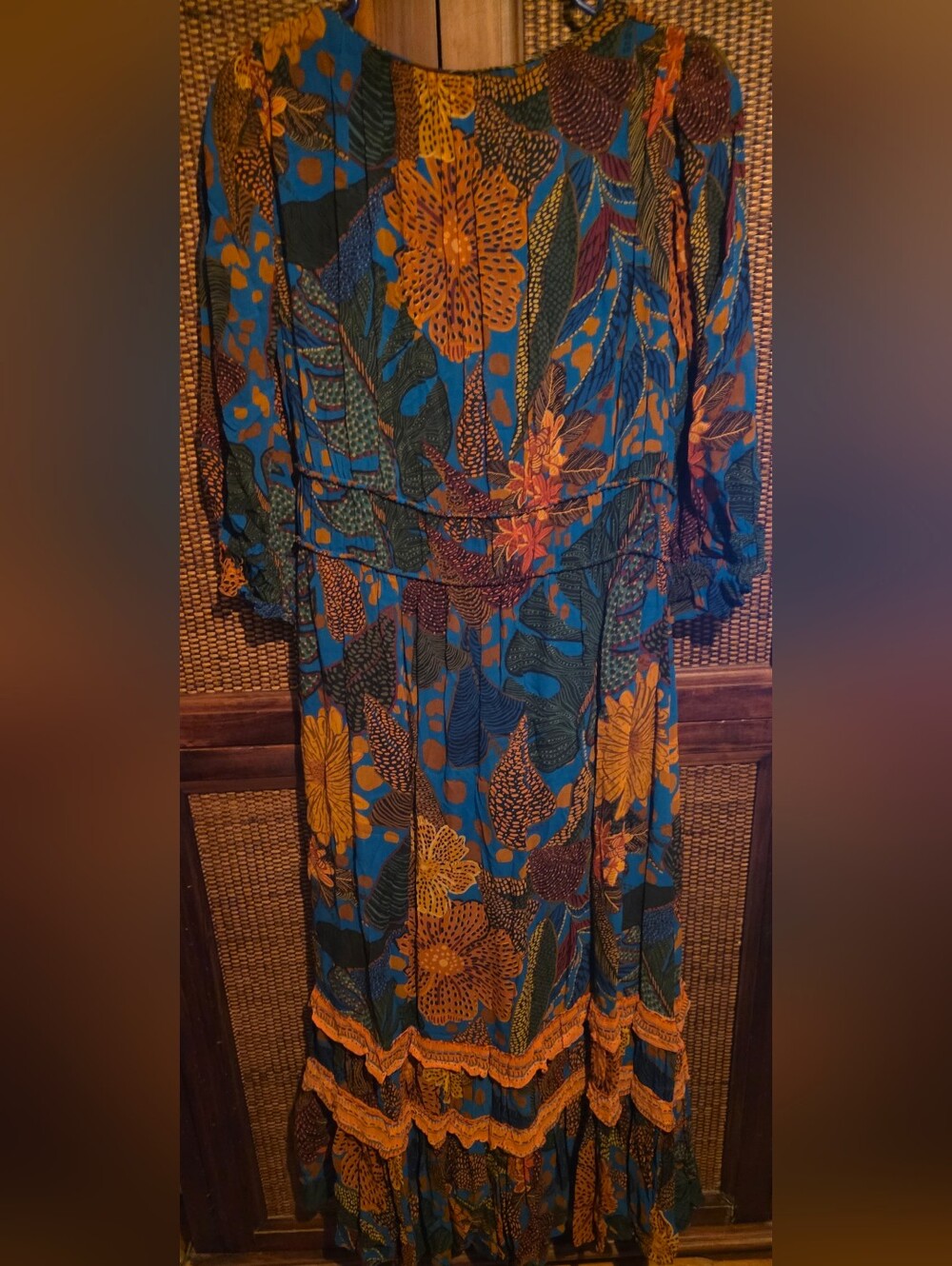 FARM Rio Puff Sleeve Anthropologie Blue Rust Floral Maxi Dress Tropical Medium - Picture 6 of 9